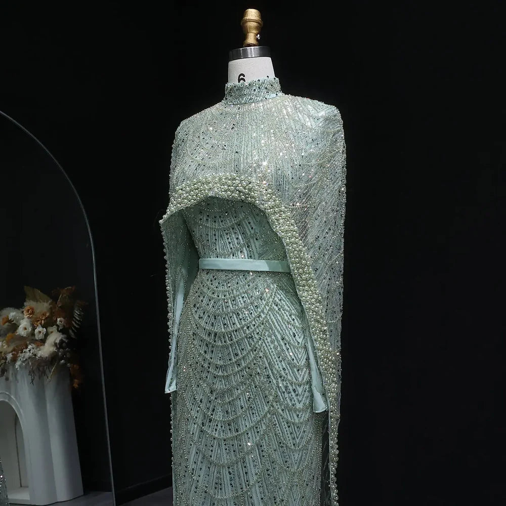 The Isadora — Long Sleeve Beaded Cape Gown