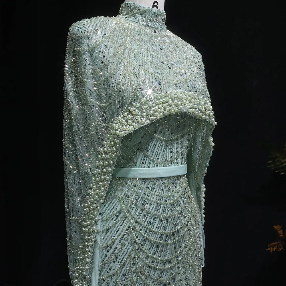 The Isadora — Long Sleeve Beaded Cape Gown