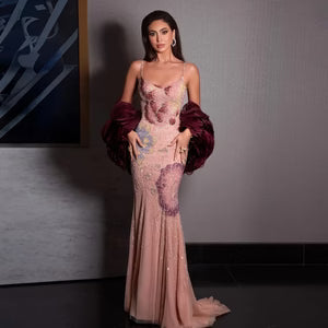 The Flora — Pink Floral Beaded Gown with Burgundy Shawl