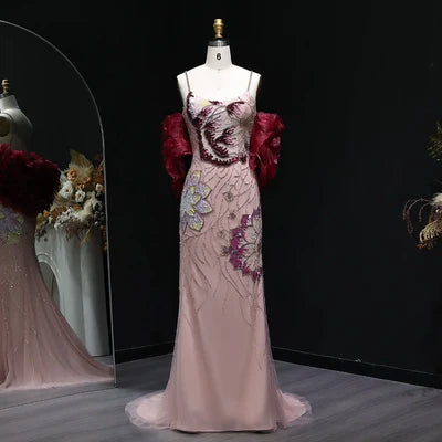 The Flora — Pink Floral Beaded Gown with Burgundy Shawl