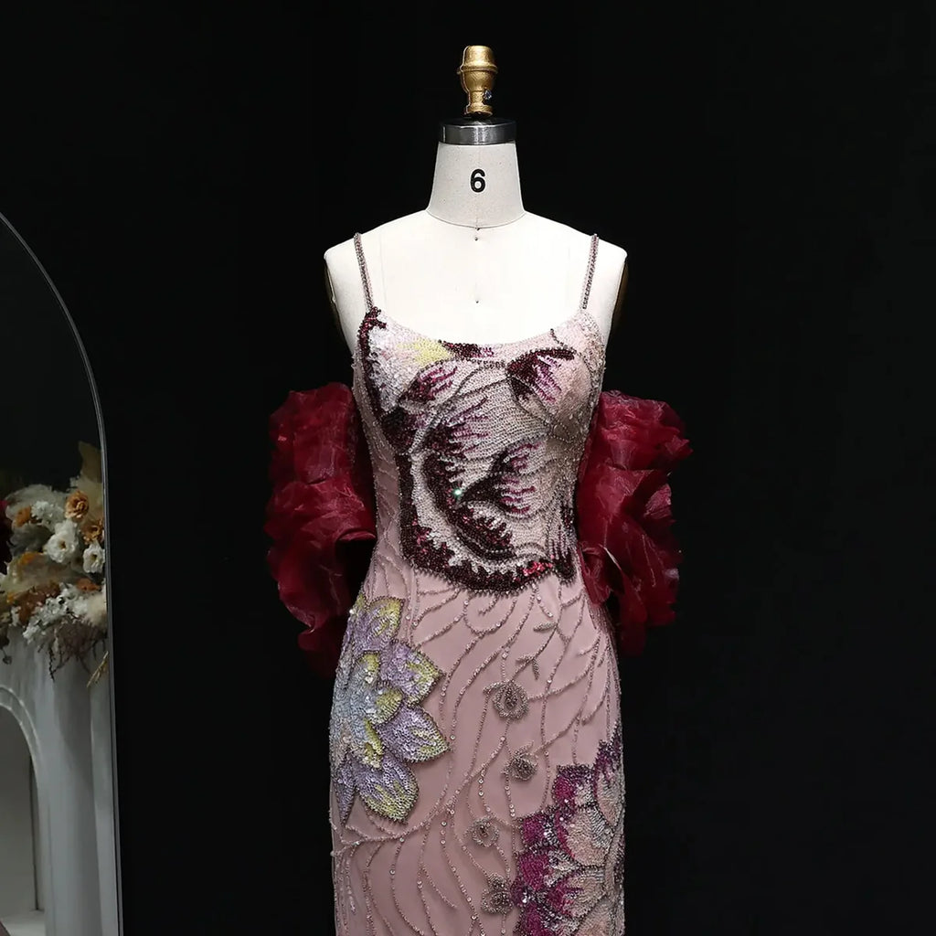 The Flora — Pink Floral Beaded Gown with Burgundy Shawl