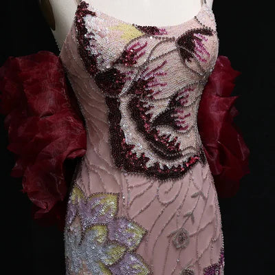 The Flora — Pink Floral Beaded Gown with Burgundy Shawl