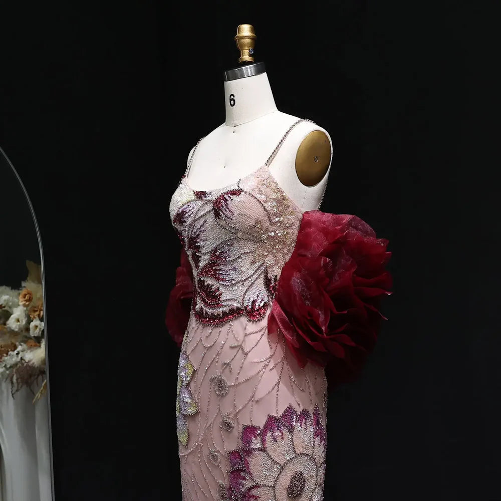 The Flora — Pink Floral Beaded Gown with Burgundy Shawl