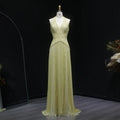 The Solange — Yellow Beaded Halter Neck Deep-V Gala Gown
