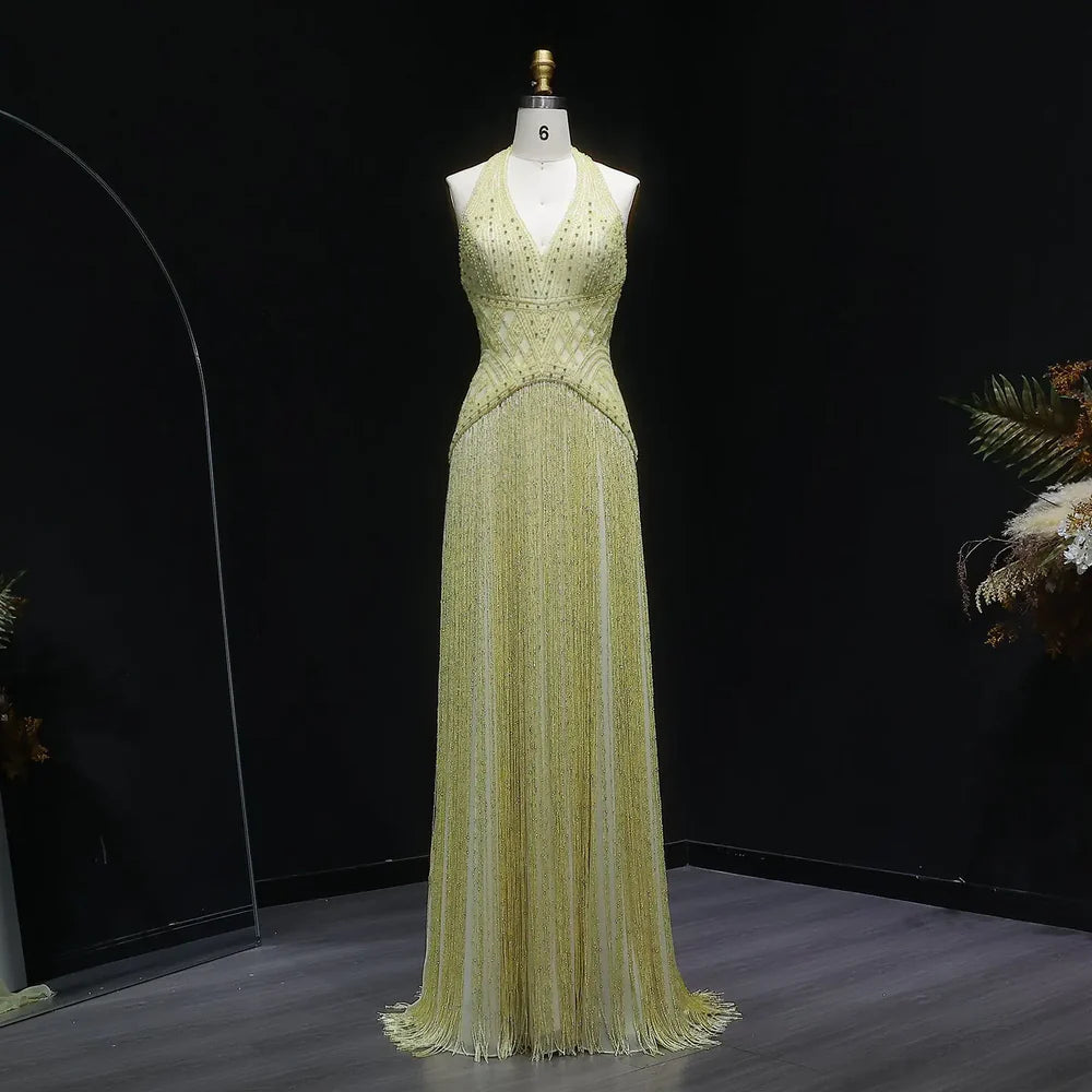 The Solange — Yellow Beaded Halter Neck Deep-V Gala Gown