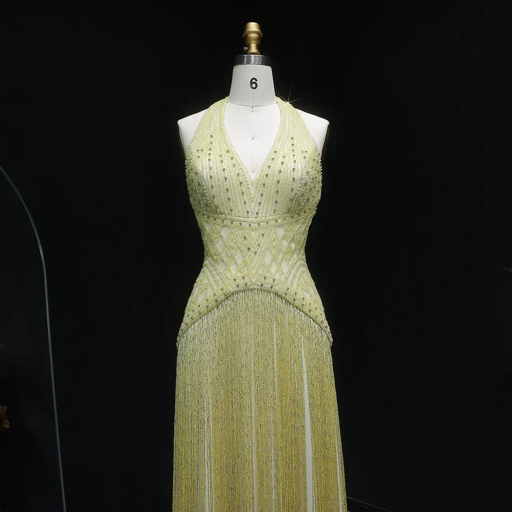 The Solange — Yellow Beaded Halter Neck Deep-V Gala Gown