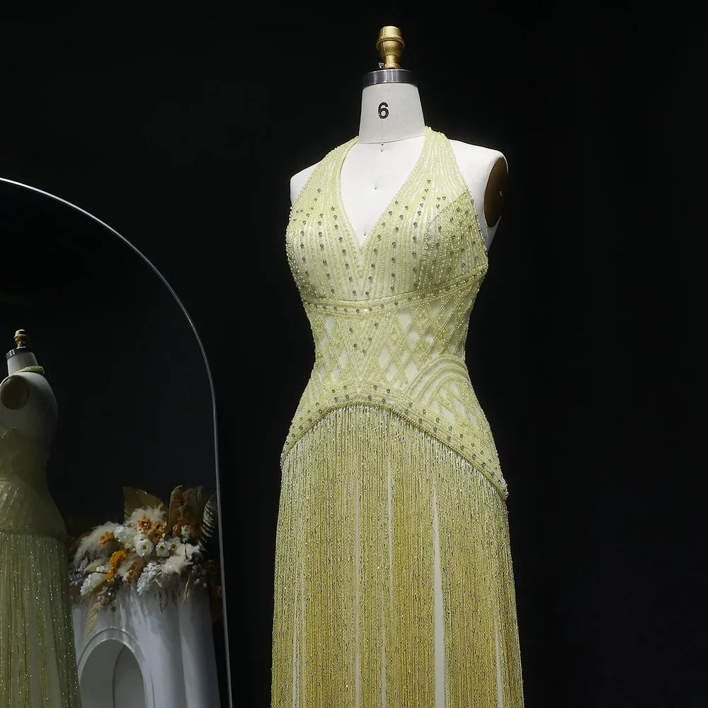 The Solange — Yellow Beaded Halter Neck Deep-V Gala Gown