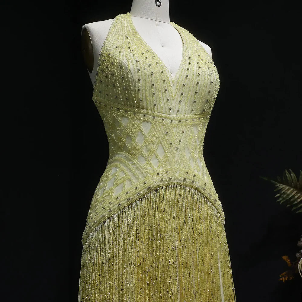 The Solange — Yellow Beaded Halter Neck Deep-V Gala Gown