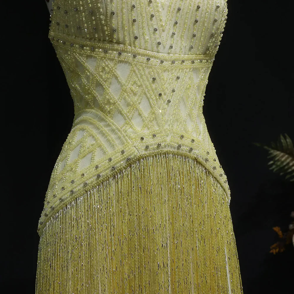The Solange — Yellow Beaded Halter Neck Deep-V Gala Gown