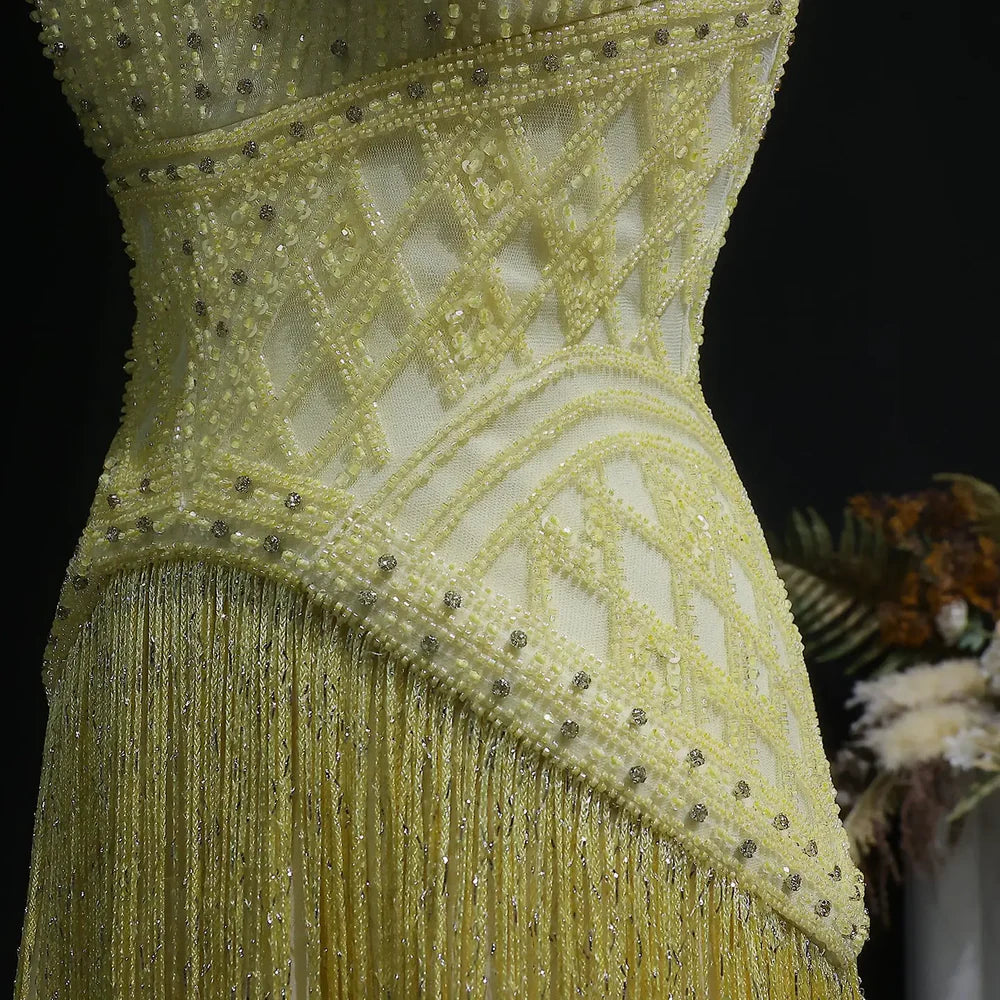 The Solange — Yellow Beaded Halter Neck Deep-V Gala Gown