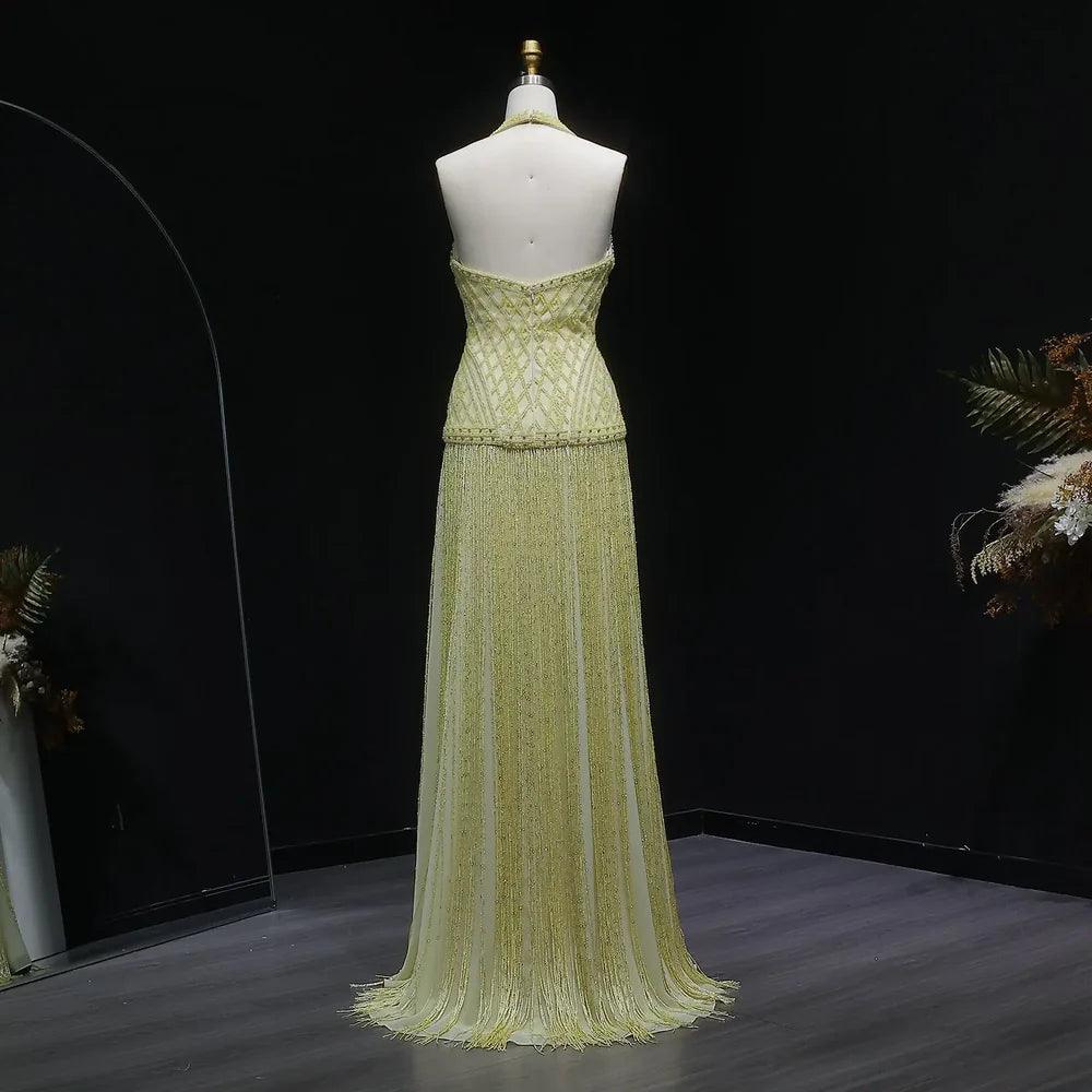 The Solange — Yellow Beaded Halter Neck Deep-V Gala Gown