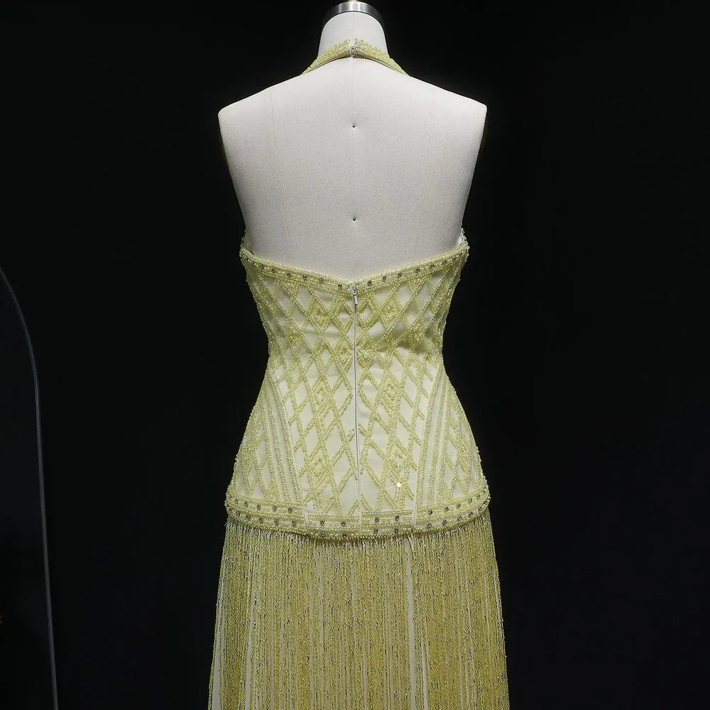 The Solange — Yellow Beaded Halter Neck Deep-V Gala Gown