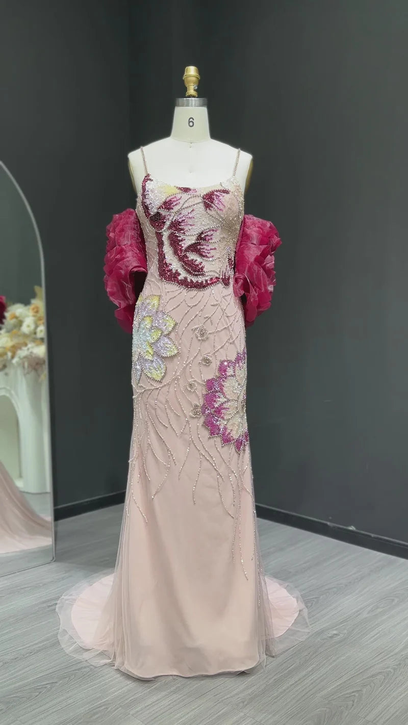 The Flora — Pink Floral Beaded Gown with Burgundy Shawl