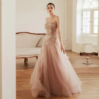 The Serena — Pink Sequin Pearl Asymmetric Mermaid Gown