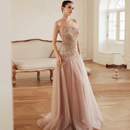 The Serena — Pink Sequin Pearl Asymmetric Mermaid Gown