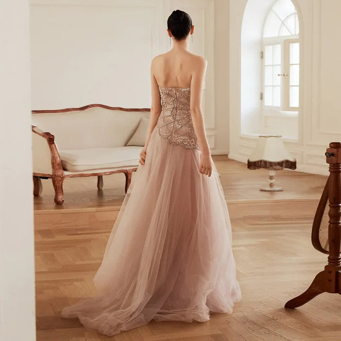 The Serena — Pink Sequin Pearl Asymmetric Mermaid Gown