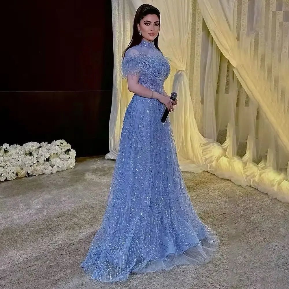 The Sapphire — Blue High-Neck Feather Ball Gown