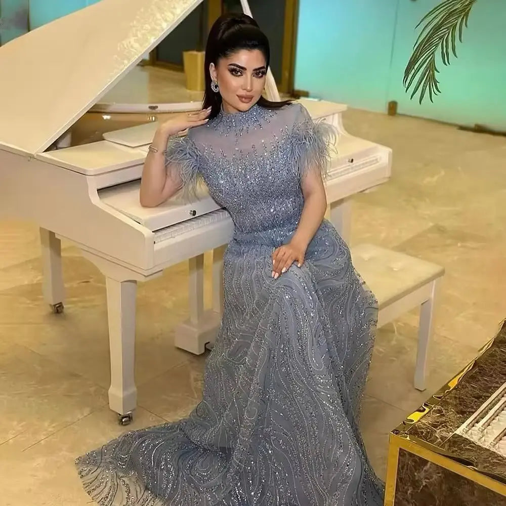 The Sapphire — Blue High-Neck Feather Ball Gown